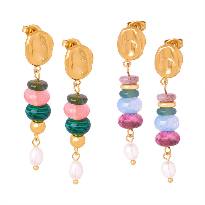 Stainless Steel Natural Stone Beaded Freshwater Pearl Drop Earrings