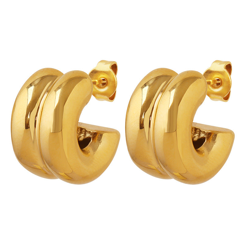 Stainless Steel Double Half Round Polished Hoop Earrings