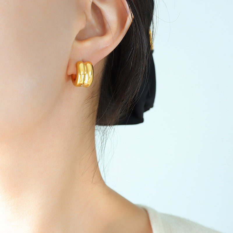 Stainless Steel Double Half Round Polished Hoop Earrings