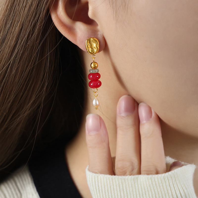 Stainless Steel Natural Stone Beaded Freshwater Pearl Drop Earrings