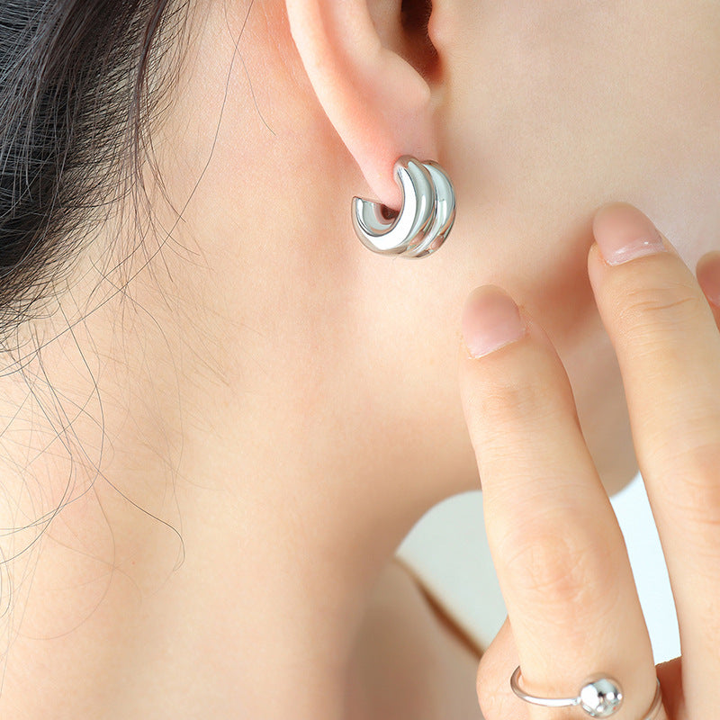Stainless Steel Double Half Round Polished Hoop Earrings