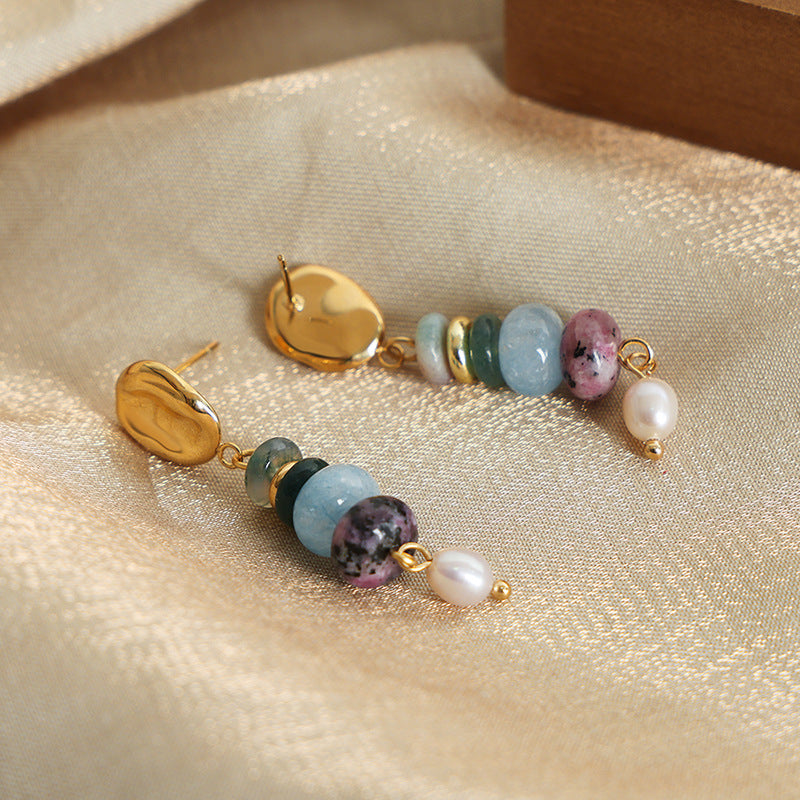Stainless Steel Natural Stone Beaded Freshwater Pearl Drop Earrings