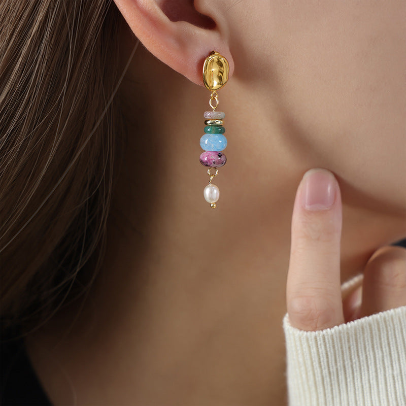 Stainless Steel Natural Stone Beaded Freshwater Pearl Drop Earrings