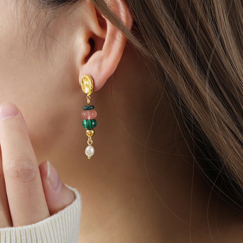Stainless Steel Natural Stone Beaded Freshwater Pearl Drop Earrings