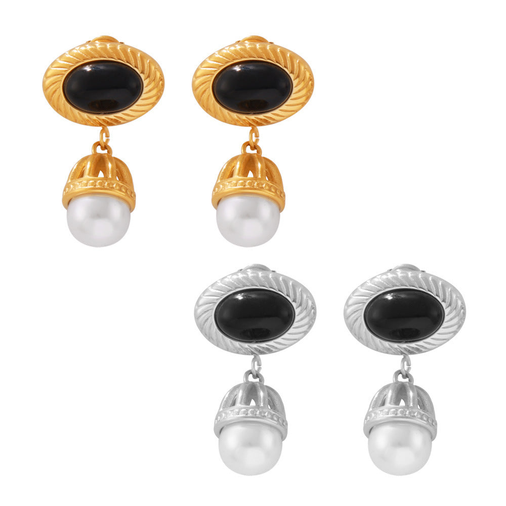 Stainless Steel Vintage Black Agate Imitation Pearl Tassel Drop Earrings
