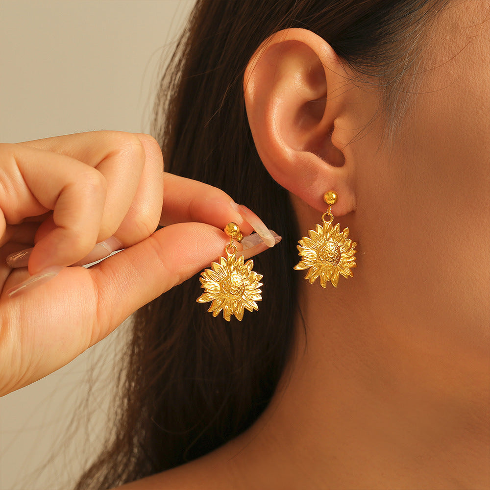 Stainless Steel Textured Sunflower Drop Earrings