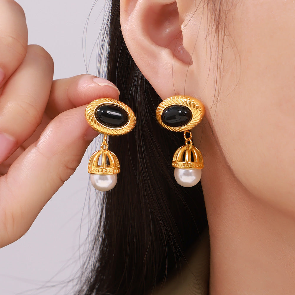 Stainless Steel Vintage Black Agate Imitation Pearl Tassel Drop Earrings