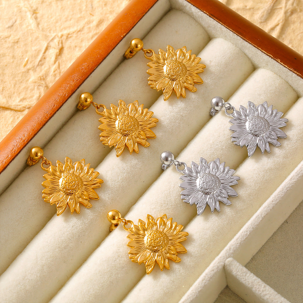 Stainless Steel Textured Sunflower Drop Earrings