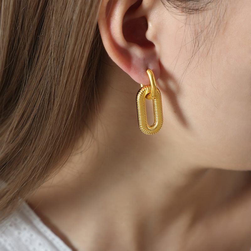 Stainless Steel Oval Textured Drop Earrings