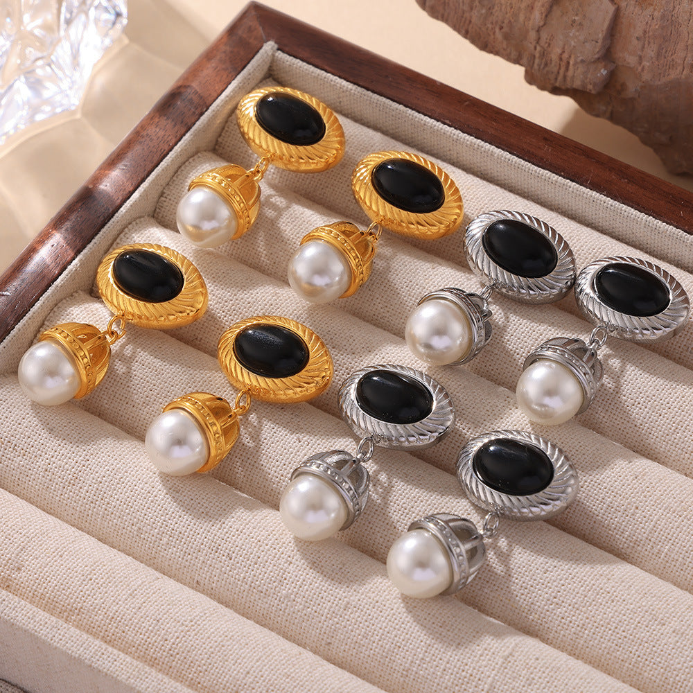 Stainless Steel Vintage Black Agate Imitation Pearl Tassel Drop Earrings