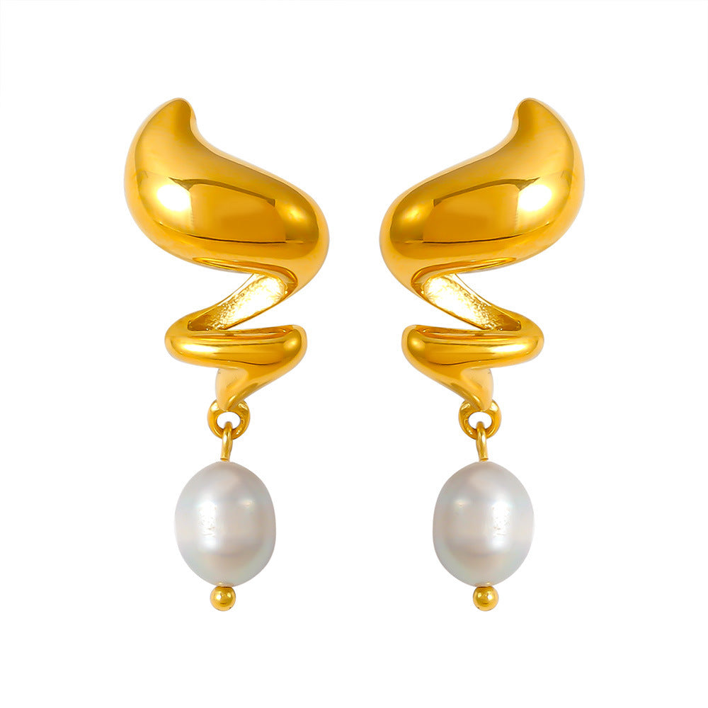 Stainless Steel Spiral Freshwater Pearl Drop Earrings