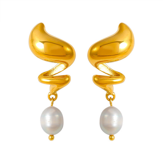 Stainless Steel Spiral Freshwater Pearl Drop Earrings