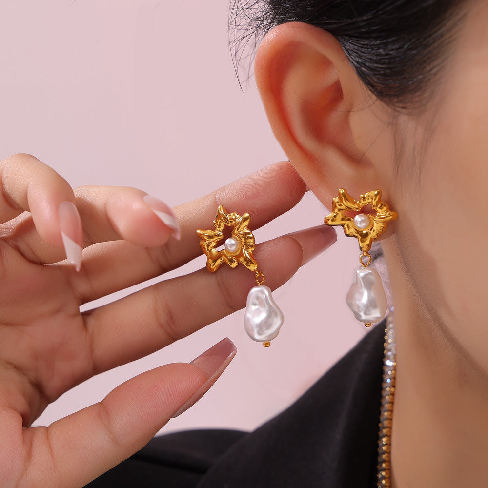 Stainless Steel Irregular Heart Inlay Imitation Pearl Drop Earrings