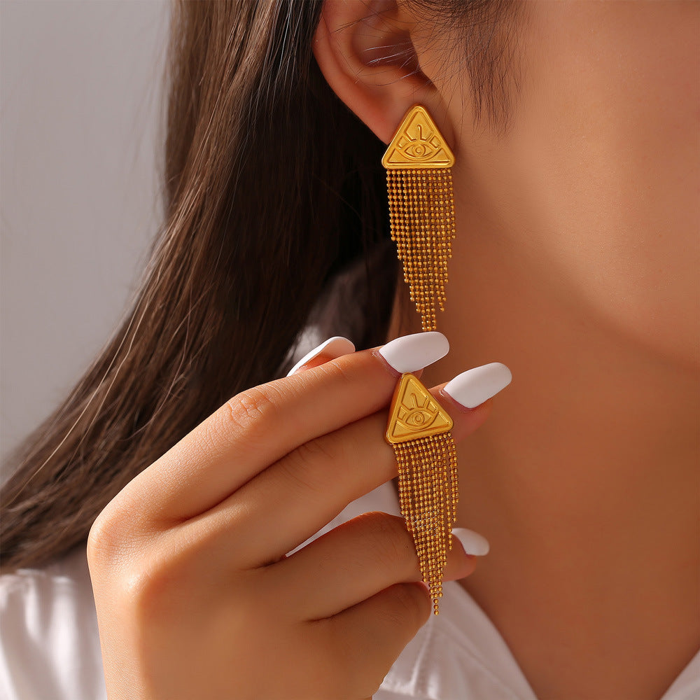 Stainless Steel Triangle Embossed Devil's Eye Tassel Drop Earrings