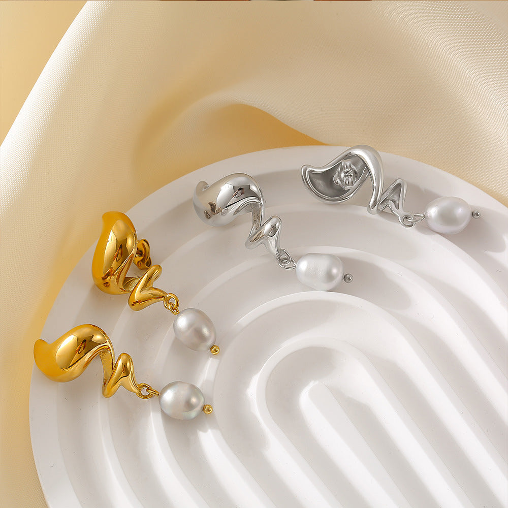 Stainless Steel Spiral Freshwater Pearl Drop Earrings