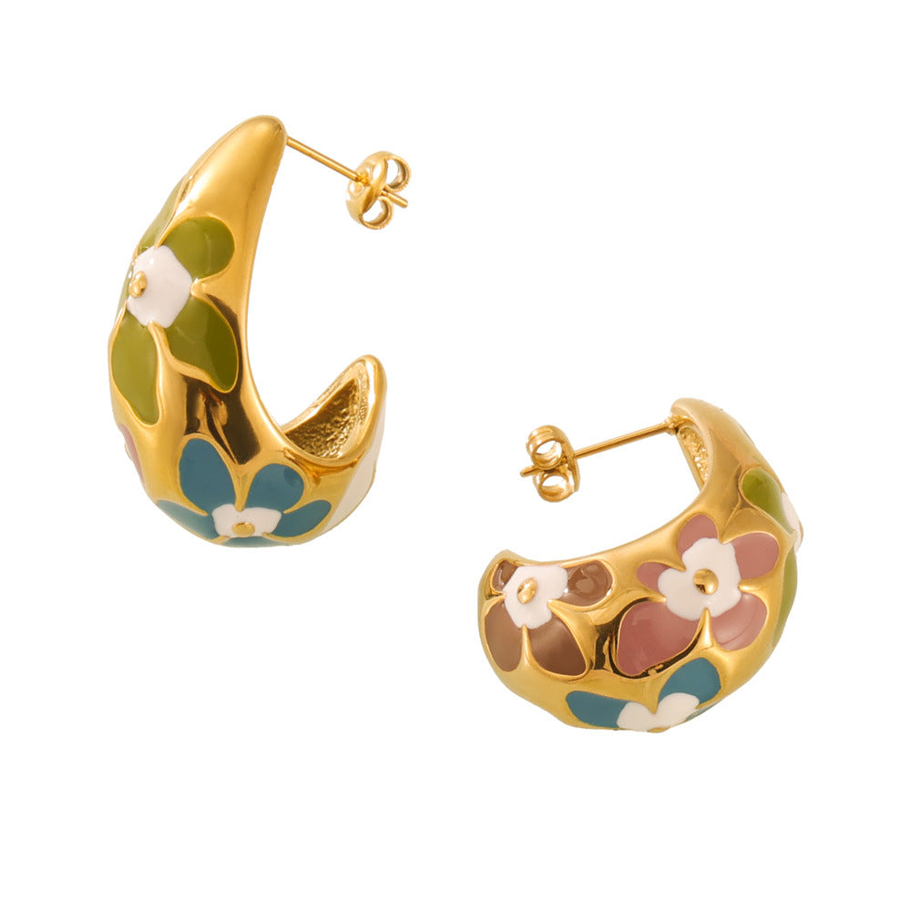 Stainless Steel Flower Enamel Earrings