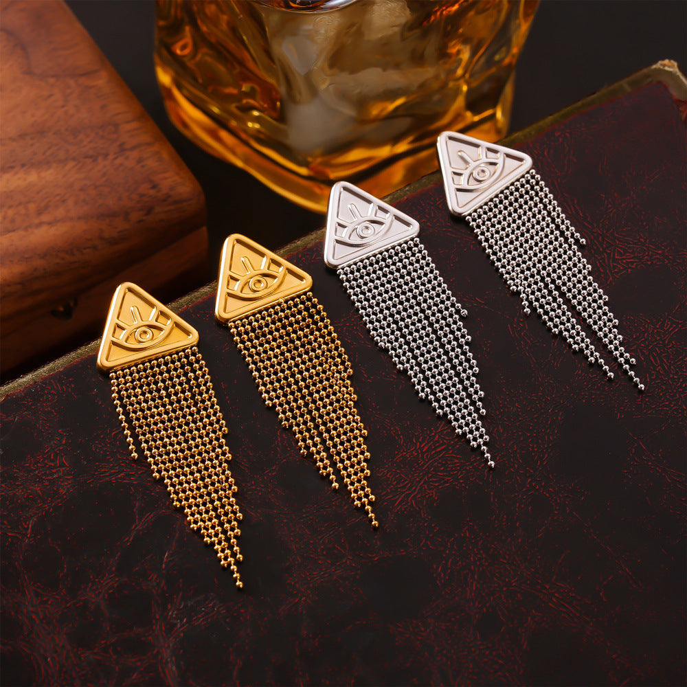 Stainless Steel Triangle Embossed Devil's Eye Tassel Drop Earrings