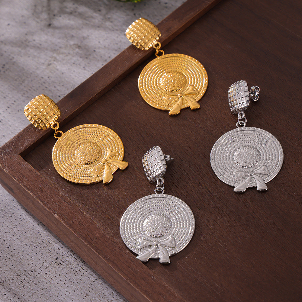 Stainless Steel Flat Bow Hat Shape Drop Earrings