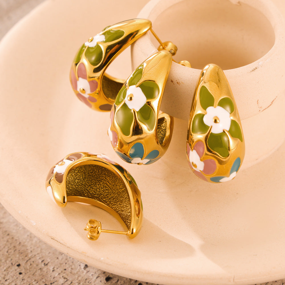 Stainless Steel Flower Enamel Earrings