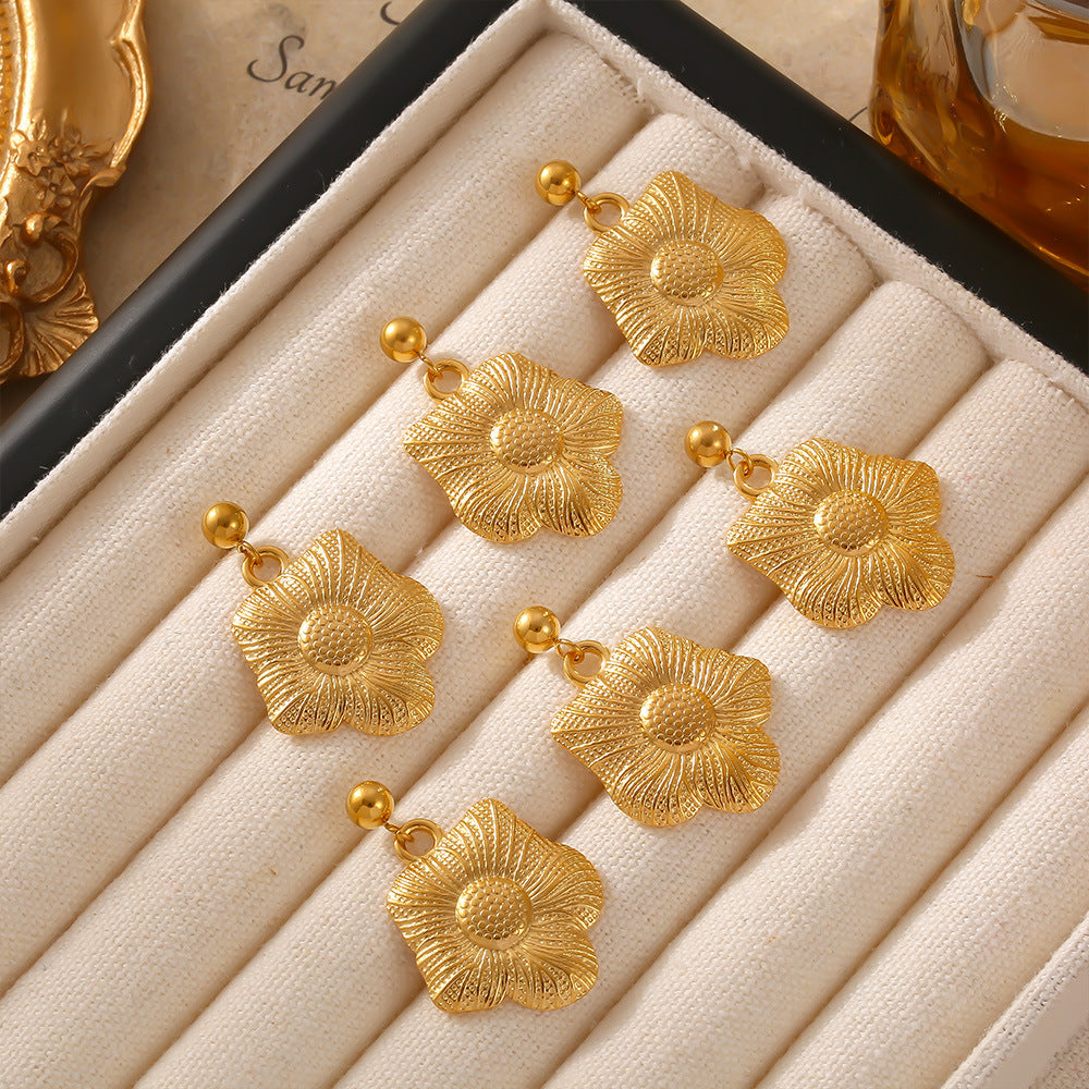 Stainless Steel Sunflower Drop Earrings