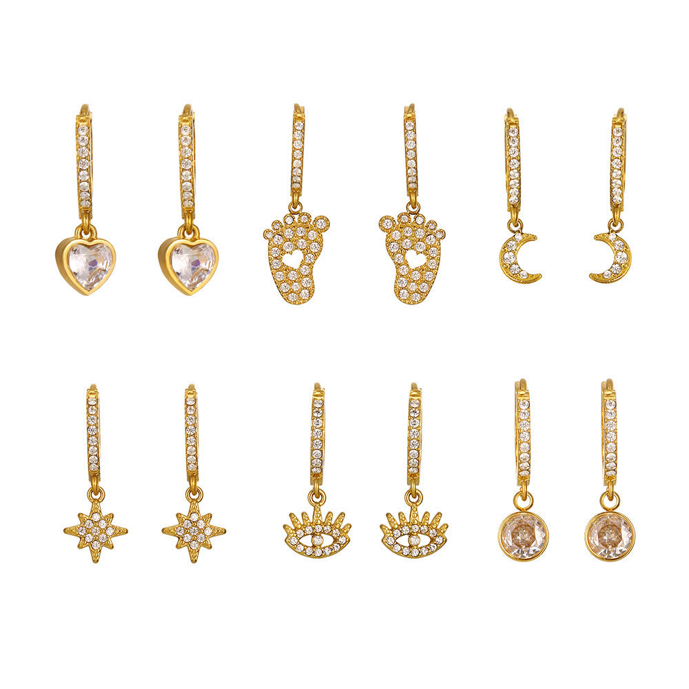 Stainless Steel Heart Moon Star Inlay CZ Drop Earrings