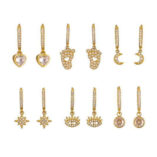 Stainless Steel Heart Moon Star Inlay CZ Drop Earrings