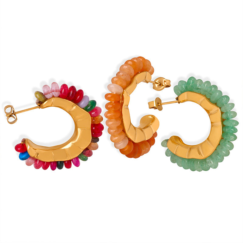 Stainless Steel Natural Stone Yellow Agate Ghost Stone Hoop Earrings