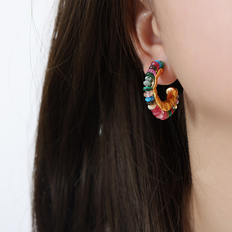 Stainless Steel Natural Stone Yellow Agate Ghost Stone Hoop Earrings