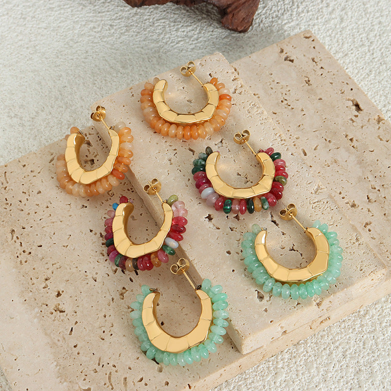 Stainless Steel Natural Stone Yellow Agate Ghost Stone Hoop Earrings