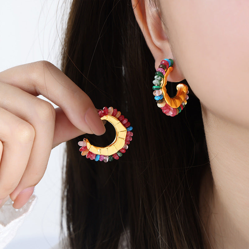 Stainless Steel Natural Stone Yellow Agate Ghost Stone Hoop Earrings