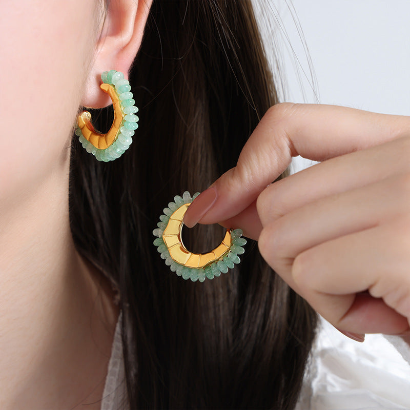 Stainless Steel Natural Stone Yellow Agate Ghost Stone Hoop Earrings