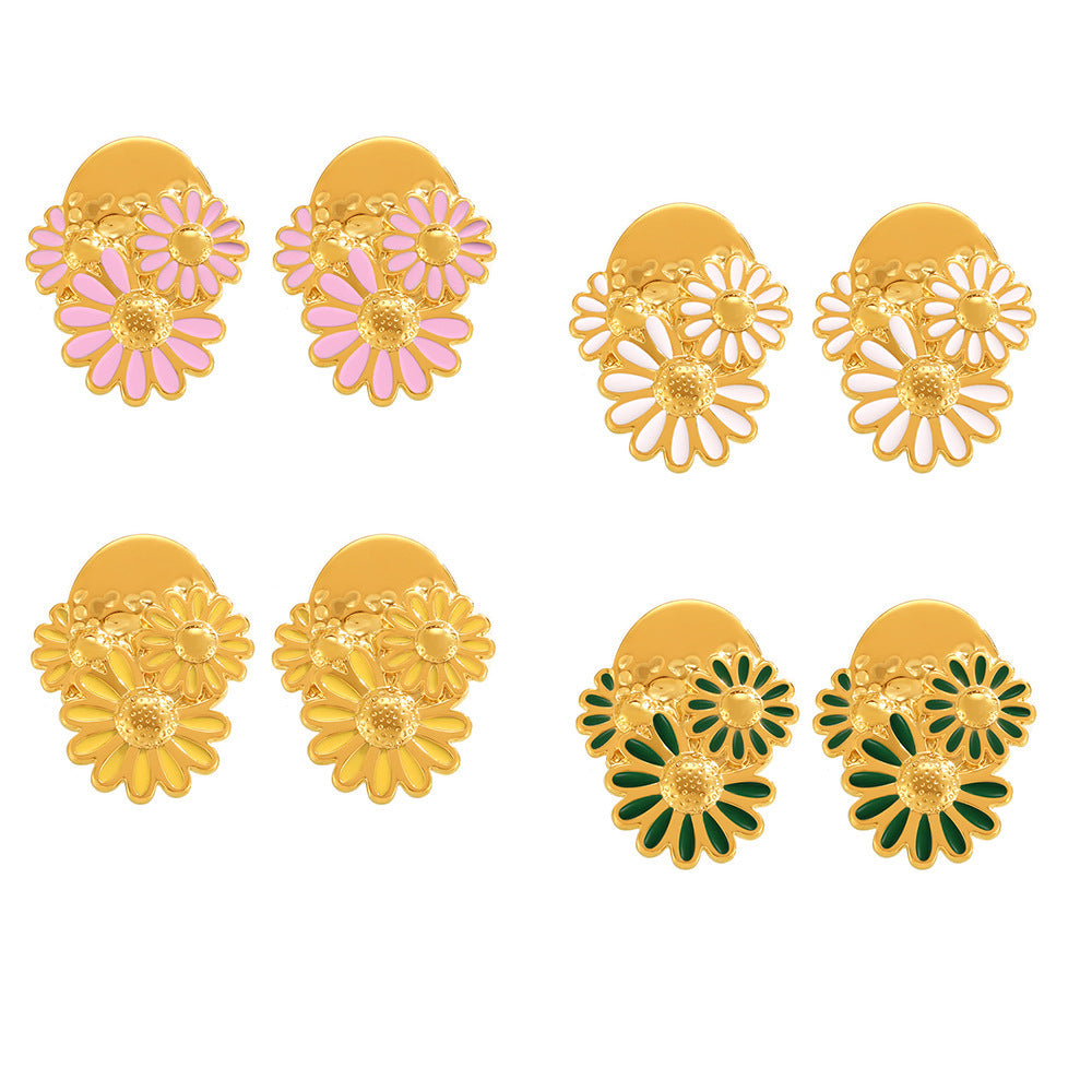 Stainless Steel Daisy Drop Oil Stud Earrings