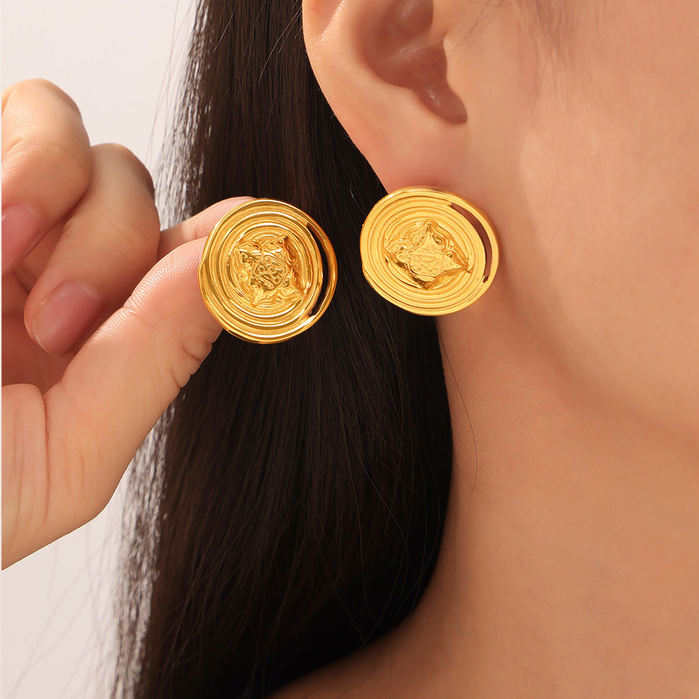 18K Gold PVD Design Textured Round Stainless Steel Stud Earrings