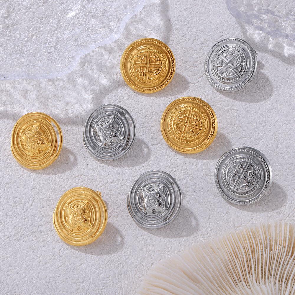 18K Gold PVD Design Textured Round Stainless Steel Stud Earrings