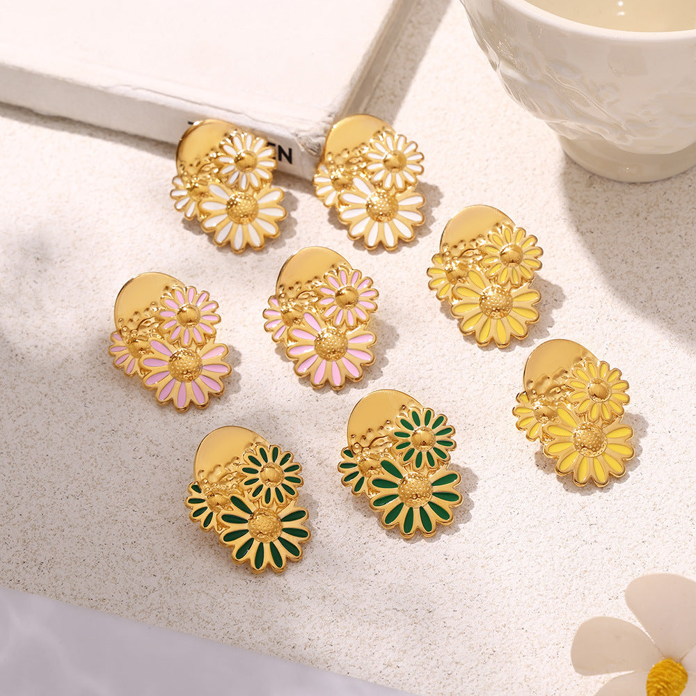 Stainless Steel Daisy Drop Oil Stud Earrings