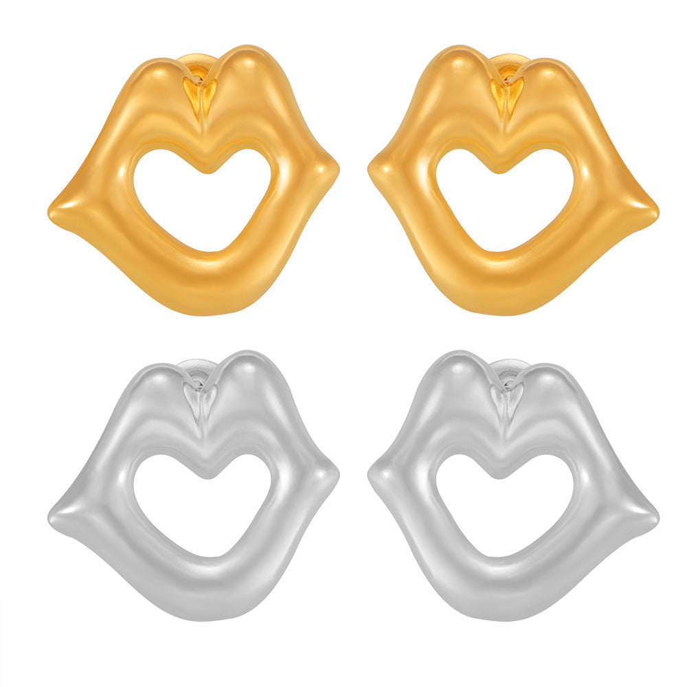 Stainless Steel Heart Shape Hollow Lips Stud Earrings