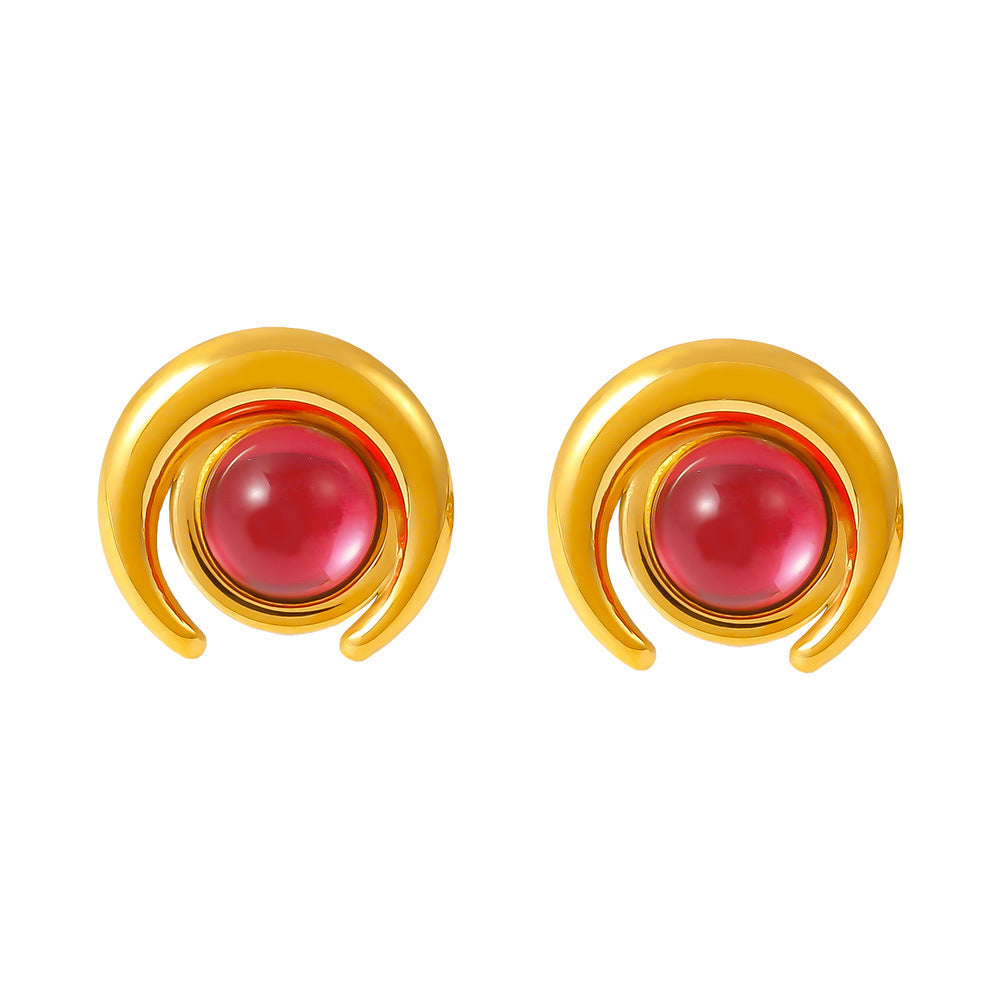 Stainless Steel Half Moon Glass Stone Stud Earrings