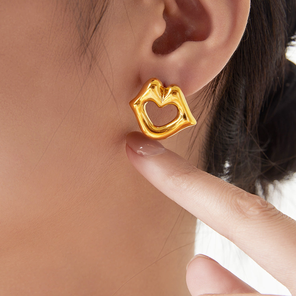 Stainless Steel Heart Shape Hollow Lips Stud Earrings