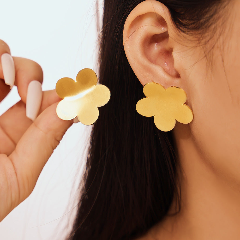 Stainless Steel Polished Big Flower Stud Earrings