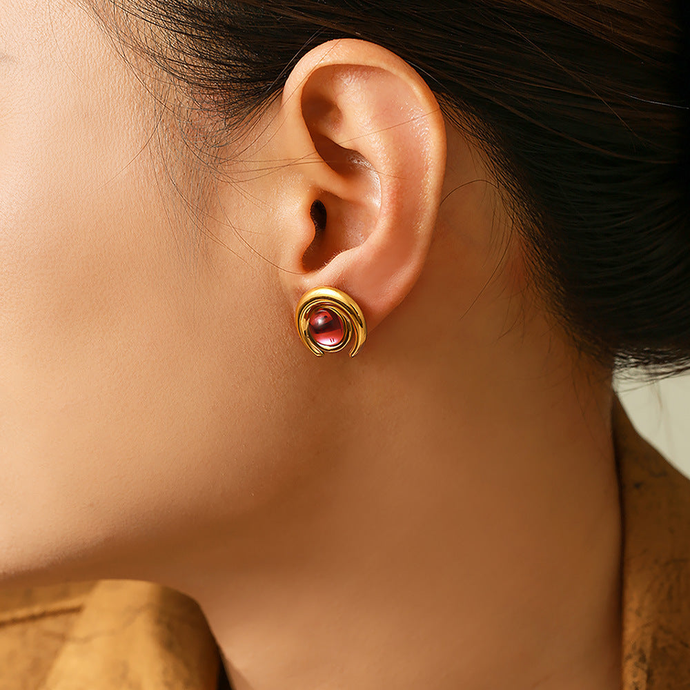 Stainless Steel Half Moon Glass Stone Stud Earrings