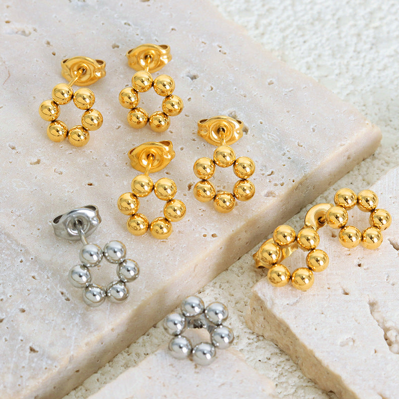 Stainless Steel Beads Stitching Flower Shape Stud Earrings