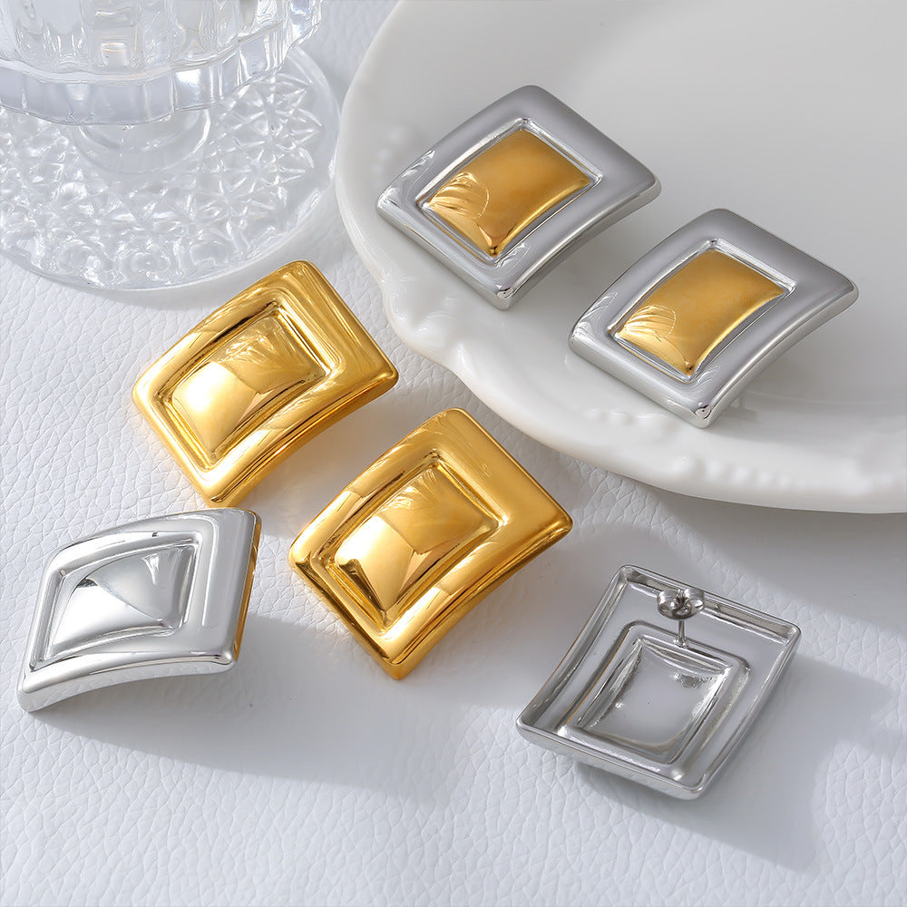 Stainless Steel Rectangular Colorblock Stud Earrings