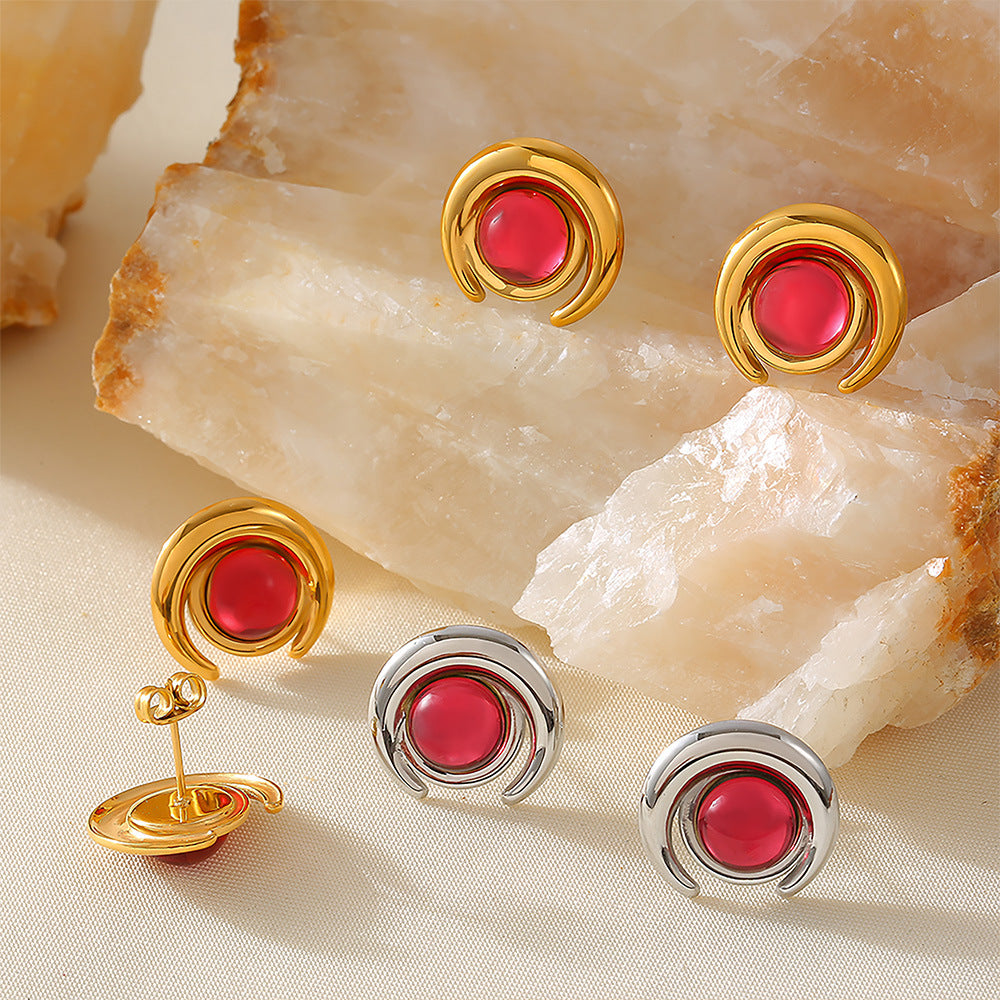 Stainless Steel Half Moon Glass Stone Stud Earrings