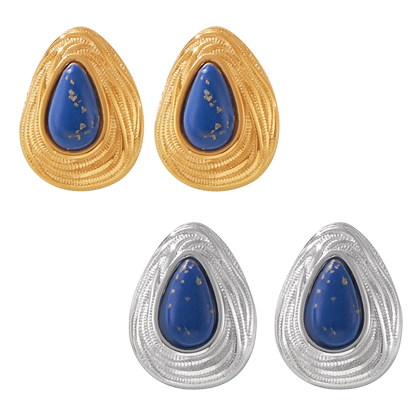 Stainless Steel Vintage Natural Blue Lazuli Stone Stud Earrings