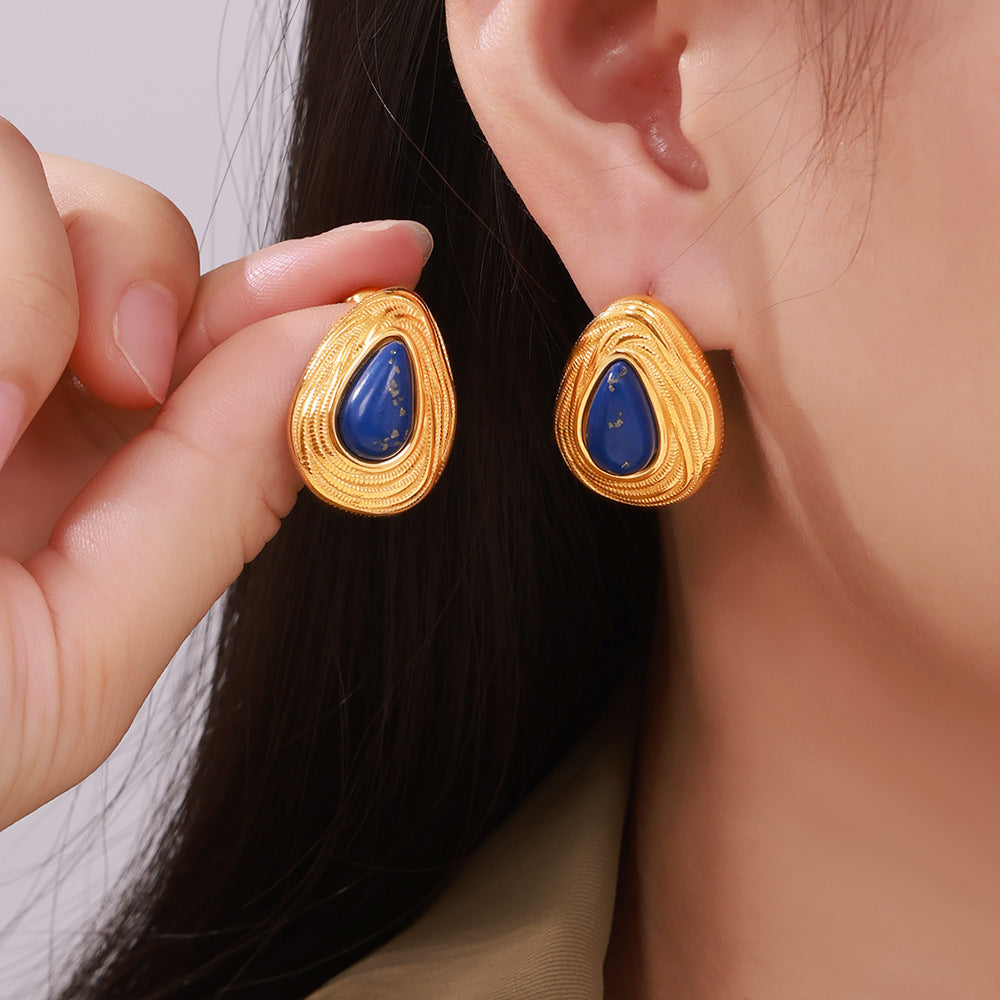 Stainless Steel Vintage Natural Blue Lazuli Stone Stud Earrings