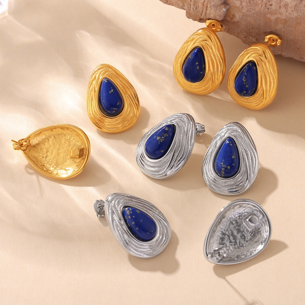 Stainless Steel Vintage Natural Blue Lazuli Stone Stud Earrings