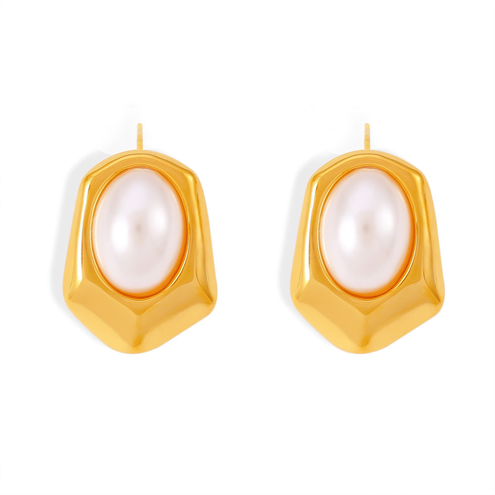 Stainless Steel Hexagonal Geometric Inlay Imitation Pearl Stud Earrings