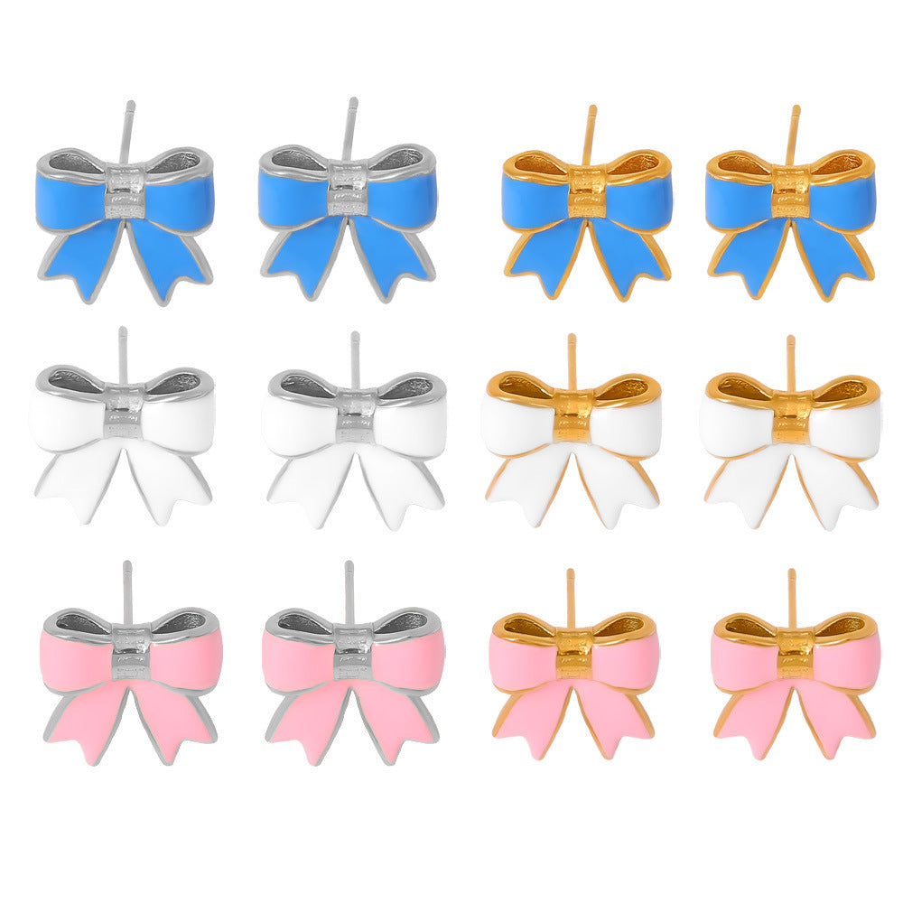 Stainless Steel Bowknot Drop Oil Stud Earrings