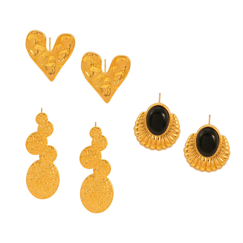 Stainless Steel Heart Black Agate Round Earrings