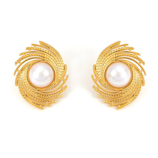 Stainless Steel Threaded Inlay Imitation Pearl Stud Earrings